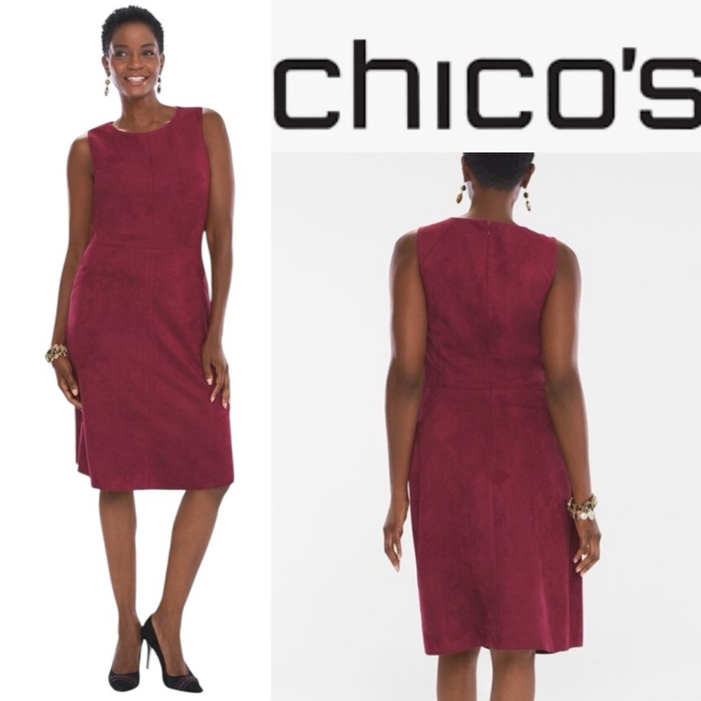 CHICO’S RICH WINE FAUX SUEDE SLEEVELESS SHEATH MIDI DRESS **NWT**